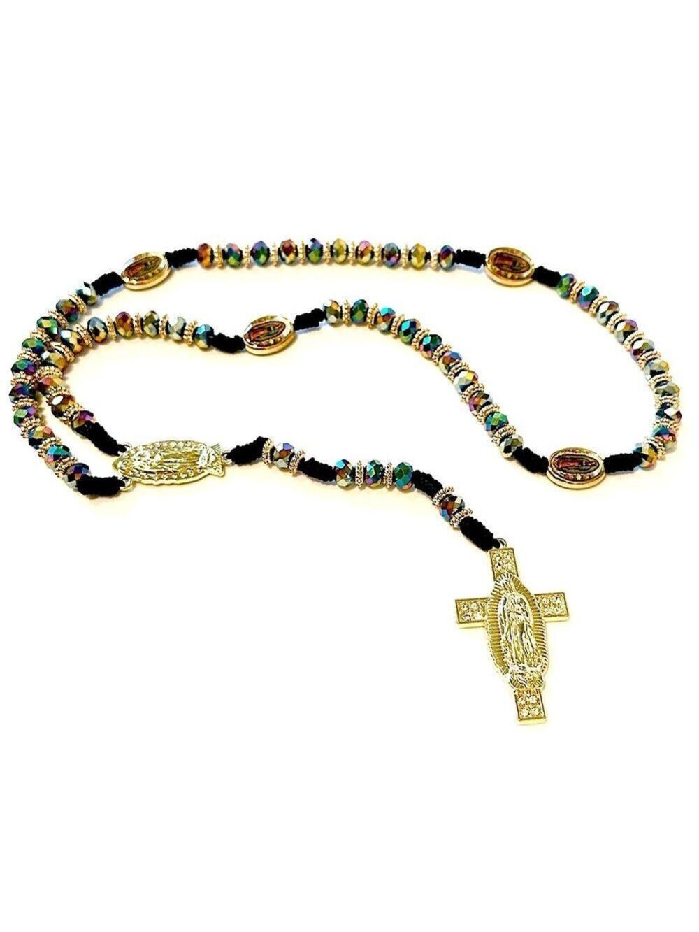 Aurora Borealis Beaded Rosary Necklace With Gold-Tone Cross | NWOT